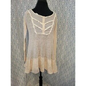 Free People Candy Yoke Linen Peplum Tunic Sweater Cream Boho Cottagecore S
